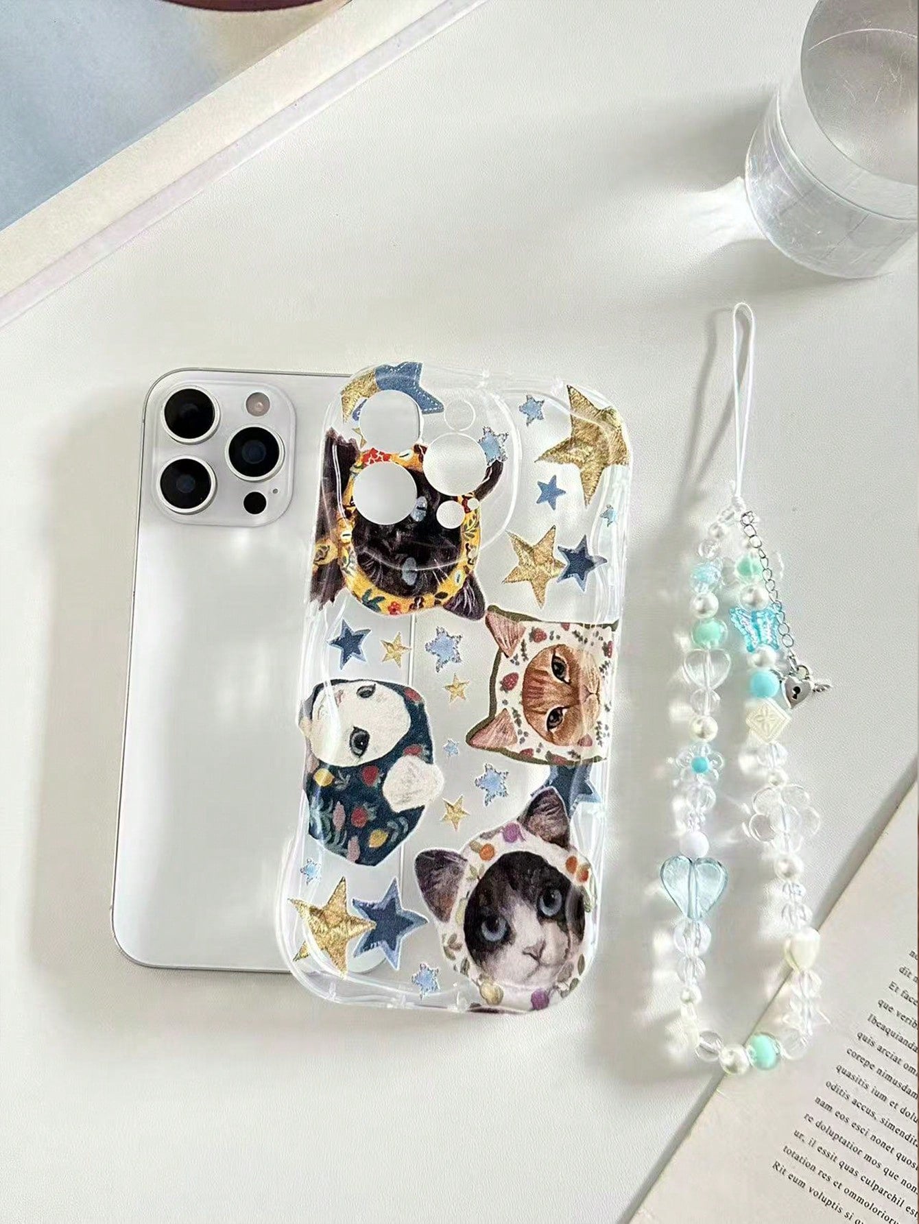Twisted Wave Edge Minimalist Premium TPU Star Cat Painted Anti-Drop Phone Case Protective Cover With Handmade Beaded Bracelet Accessory Compatible With IPhone 16/11/16pro/16plus/16promax/16e/15Promax