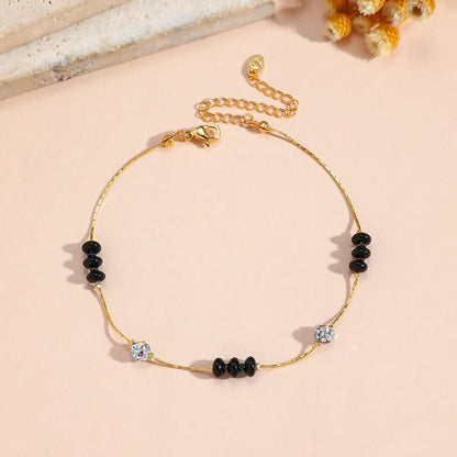 Two Layer Beaded Alloy Anklet Malachite Black Stone Rhinestone Adjustable Foot Bracelet Summer Beach Casual Occasion