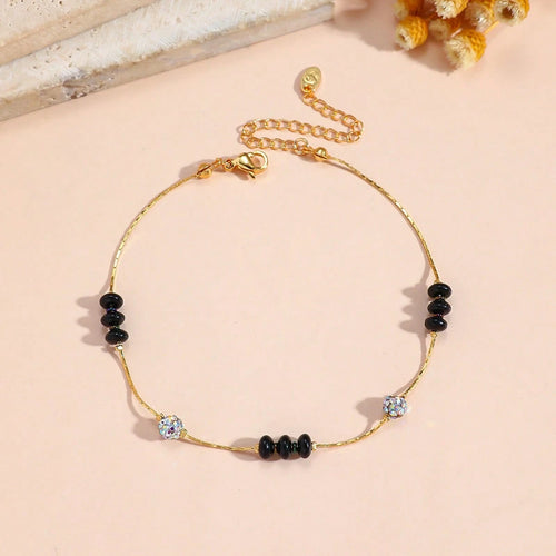 Two Layer Beaded Alloy Anklet Malachite Black Stone Rhinestone Adjustable Foot Bracelet Summer Beach Casual Occasion