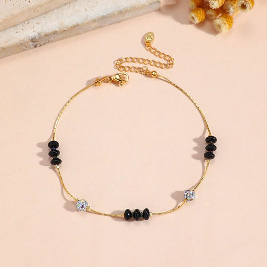 Two Layer Beaded Alloy Anklet Malachite Black Stone Rhinestone Adjustable Foot Bracelet Summer Beach Casual Occasion