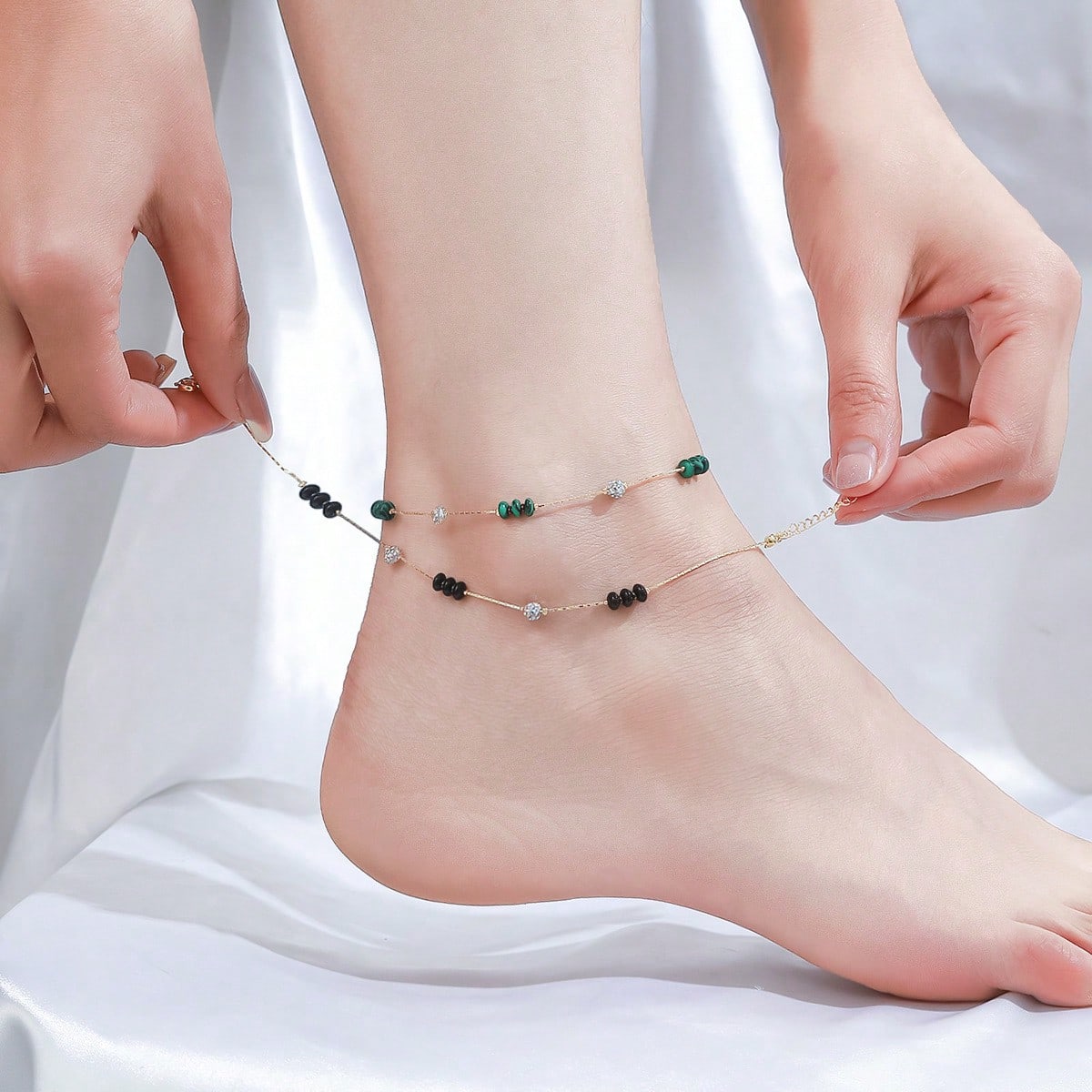 Two Layer Beaded Alloy Anklet Malachite Black Stone Rhinestone Adjustable Foot Bracelet Summer Beach Casual Occasion