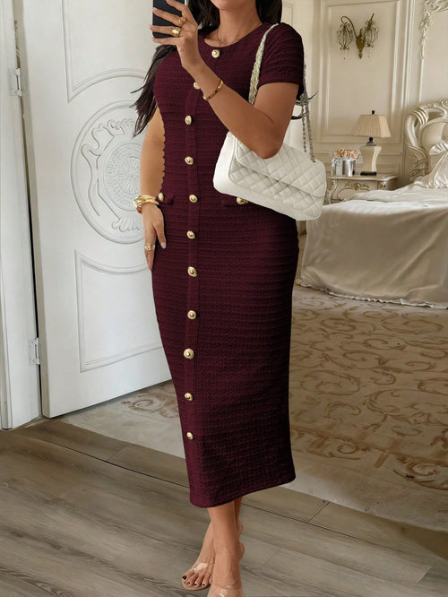 Unadoll Women Fall Burgundy Tweed Midi Dress, Short Sleeve Button Bodycon Dress With Back Slit For Birthday Party Fall Date Night Elegant Summer