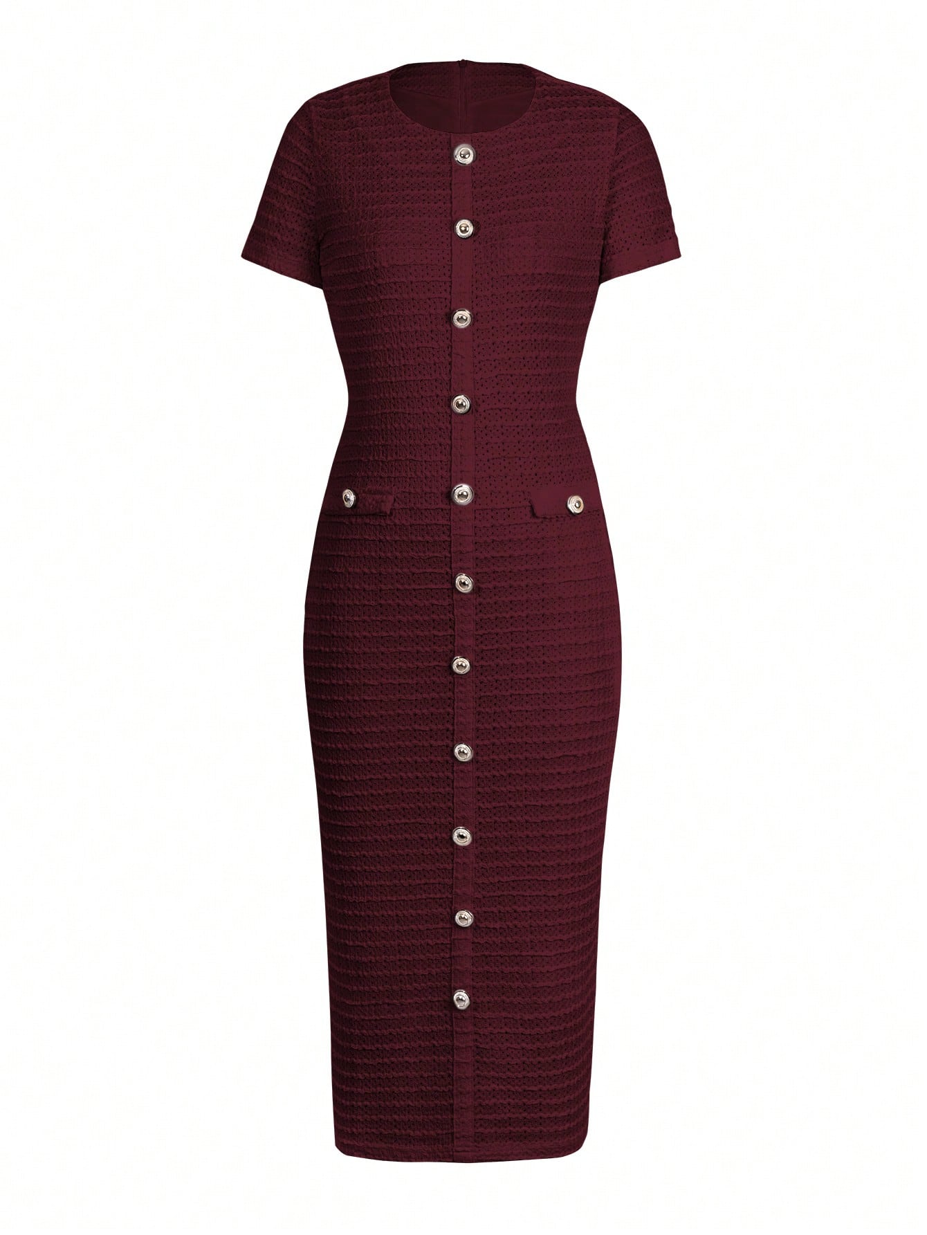 Unadoll Women Fall Burgundy Tweed Midi Dress, Short Sleeve Button Bodycon Dress With Back Slit For Birthday Party Fall Date Night Elegant Summer