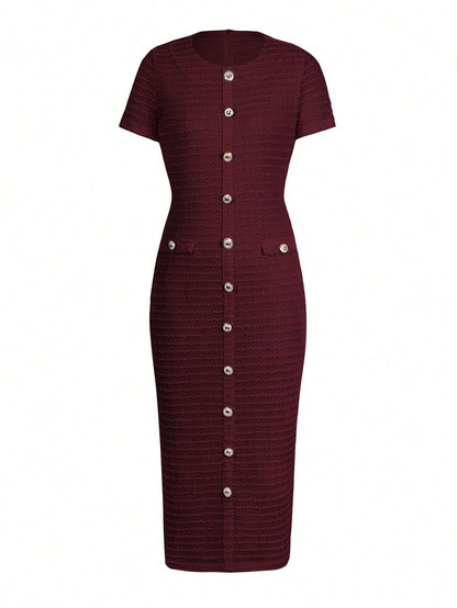 Unadoll Women Fall Burgundy Tweed Midi Dress, Short Sleeve Button Bodycon Dress With Back Slit For Birthday Party Fall Date Night Elegant Summer