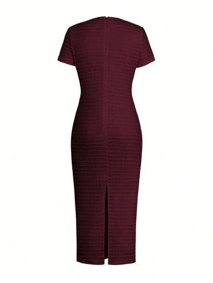 Unadoll Women Fall Burgundy Tweed Midi Dress, Short Sleeve Button Bodycon Dress With Back Slit For Birthday Party Fall Date Night Elegant Summer