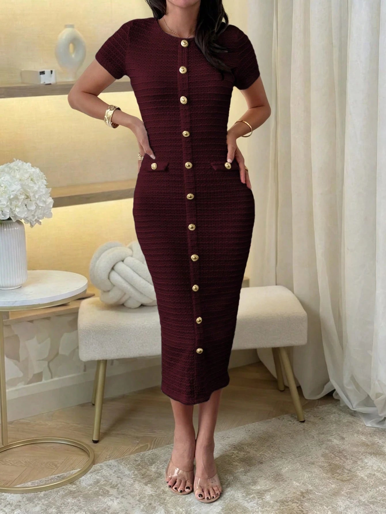 Unadoll Women Fall Burgundy Tweed Midi Dress, Short Sleeve Button Bodycon Dress With Back Slit For Birthday Party Fall Date Night Elegant Summer
