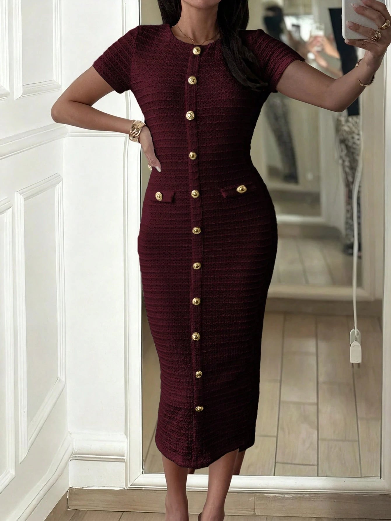 Unadoll Women Fall Burgundy Tweed Midi Dress, Short Sleeve Button Bodycon Dress With Back Slit For Birthday Party Fall Date Night Elegant Summer