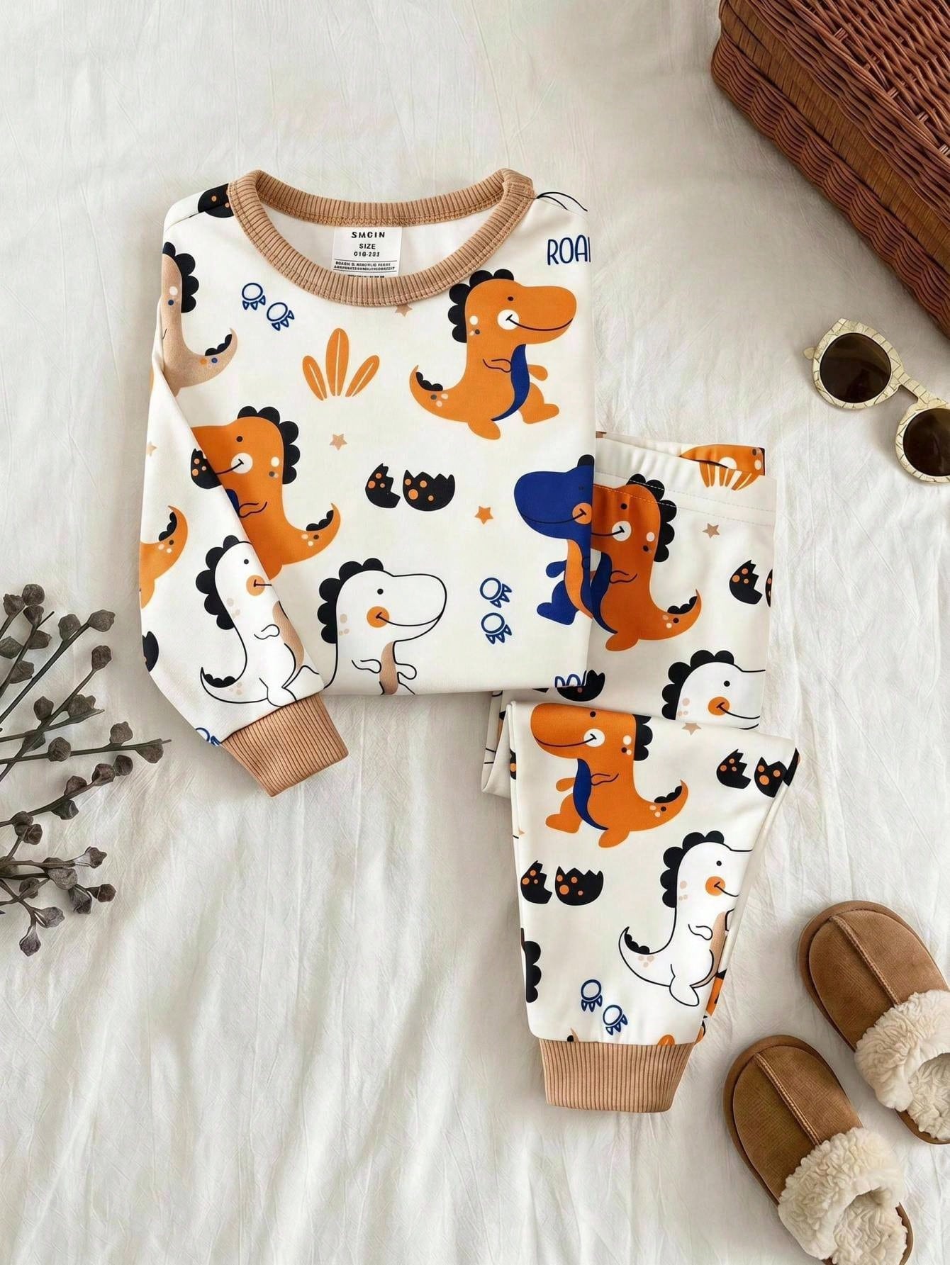 Unisex Baby Boy Baby Girl Snug Fit Autumn/Winter Cute Dinosaur Pattern Soft Comfortable Tight Pajama Loungewear Set 2pcs, Baby Pajama, Squishy