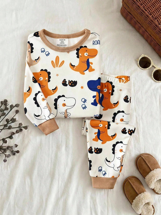 Unisex Baby Boy Baby Girl Snug Fit Autumn/Winter Cute Dinosaur Pattern Soft Comfortable Tight Pajama Loungewear Set 2pcs, Baby Pajama, Squishy