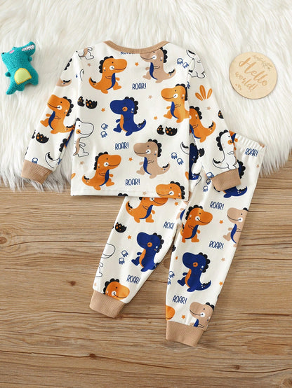 Unisex Baby Boy Baby Girl Snug Fit Autumn/Winter Cute Dinosaur Pattern Soft Comfortable Tight Pajama Loungewear Set 2pcs, Baby Pajama, Squishy