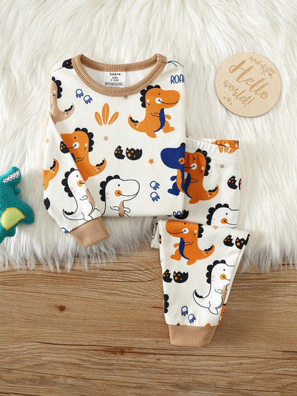 Unisex Baby Boy Baby Girl Snug Fit Autumn/Winter Cute Dinosaur Pattern Soft Comfortable Tight Pajama Loungewear Set 2pcs, Baby Pajama, Squishy