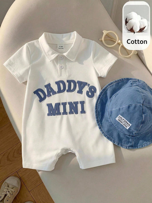 Unisex Baby Boy/Girl Baby Boy 2 Sets Spring/Summer Casual Cute Parent-Child Slogan Short Sleeve Romper And Denim Sun Hat Set, Baby Boy Outfit Sets, Baby Boy Summer Clothes, Streetwear, Baby Clot