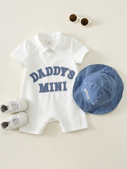 Unisex Baby Boy/Girl Baby Boy 2 Sets Spring/Summer Casual Cute Parent-Child Slogan Short Sleeve Romper And Denim Sun Hat Set, Baby Boy Outfit Sets, Baby Boy Summer Clothes, Streetwear, Baby Clot