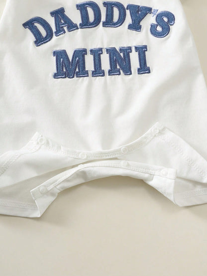 Unisex Baby Boy/Girl Baby Boy 2 Sets Spring/Summer Casual Cute Parent-Child Slogan Short Sleeve Romper And Denim Sun Hat Set, Baby Boy Outfit Sets, Baby Boy Summer Clothes, Streetwear, Baby Clot