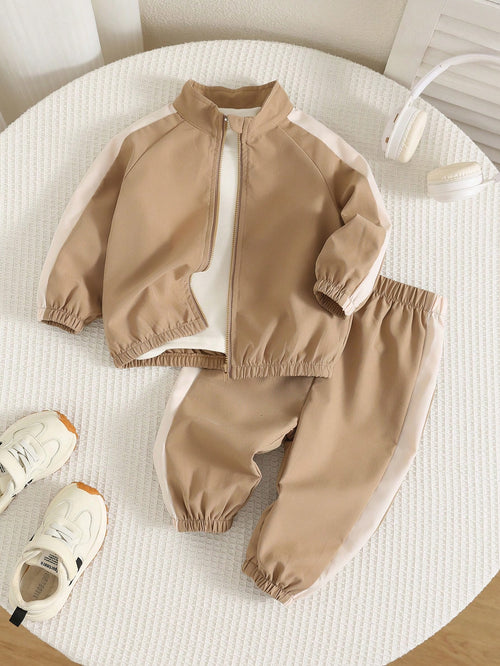 Unisex Baby Boy/Girl, Toddler 2pcs Autumn/Winter Casual Fashion Colorblock Patchwork Stand Collar Sweatshirt Set, Jacket Set, Baby Tracksuit, Baby Winter Clothes