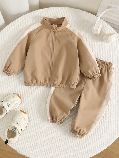 Unisex Baby Boy/Girl, Toddler 2pcs Autumn/Winter Casual Fashion Colorblock Patchwork Stand Collar Sweatshirt Set, Jacket Set, Baby Tracksuit, Baby Winter Clothes