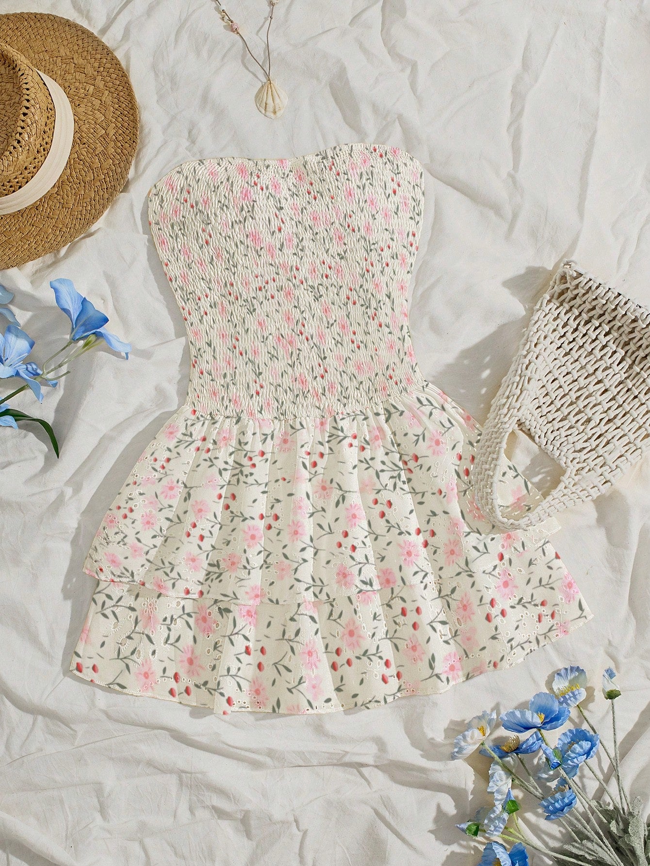 Unity Navy Blue Vacation Style Pleated Sleeveless Bandeau Sexy Cinched Waist Hollow Embroidery Ruffle Hem Elegant Dress
