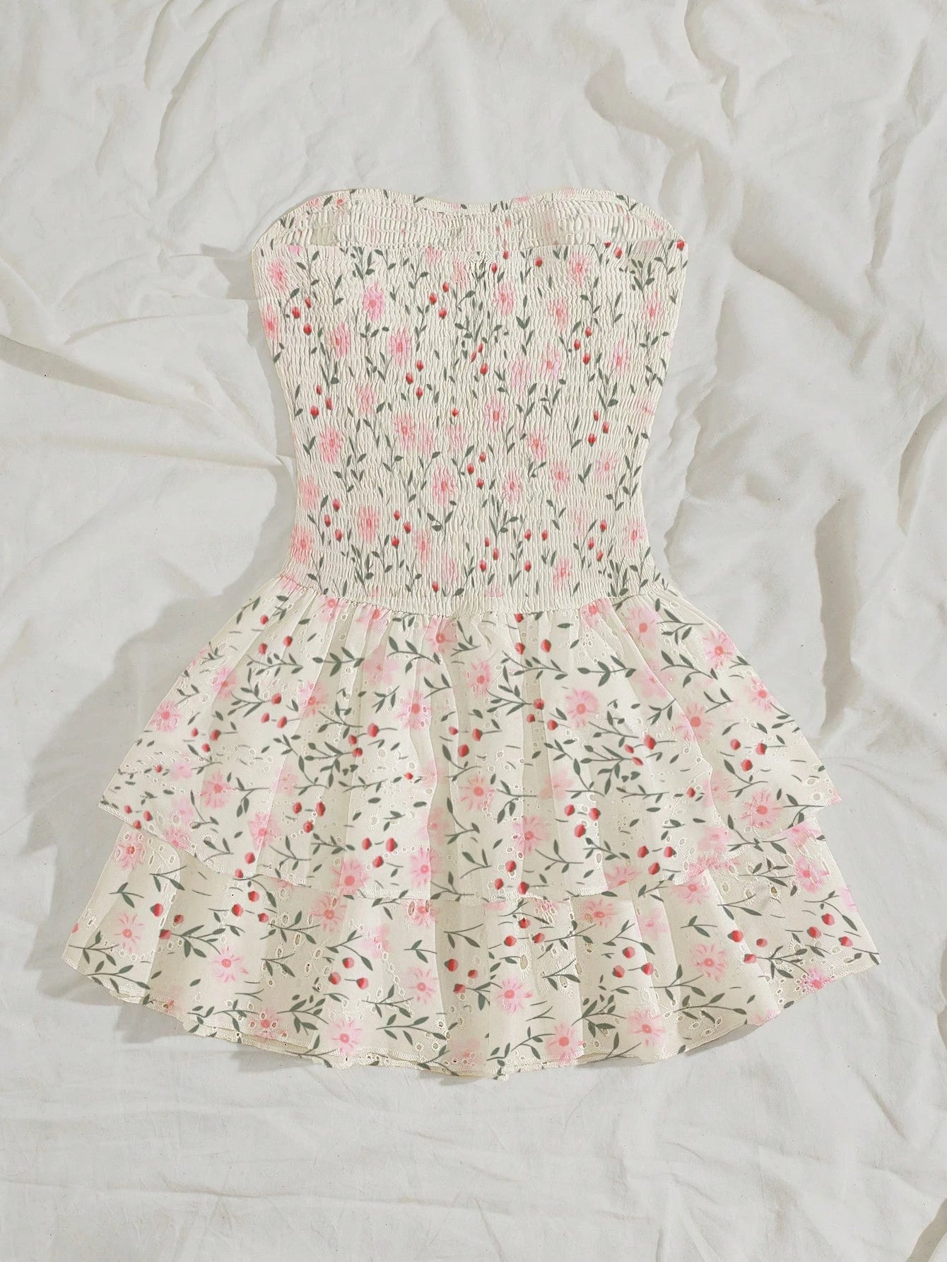 Unity Navy Blue Vacation Style Pleated Sleeveless Bandeau Sexy Cinched Waist Hollow Embroidery Ruffle Hem Elegant Dress