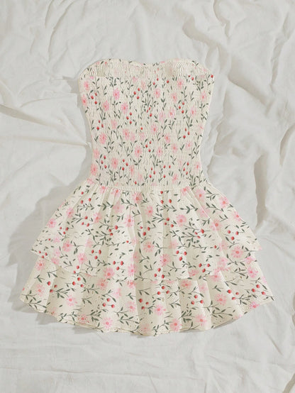 Unity Navy Blue Vacation Style Pleated Sleeveless Bandeau Sexy Cinched Waist Hollow Embroidery Ruffle Hem Elegant Dress