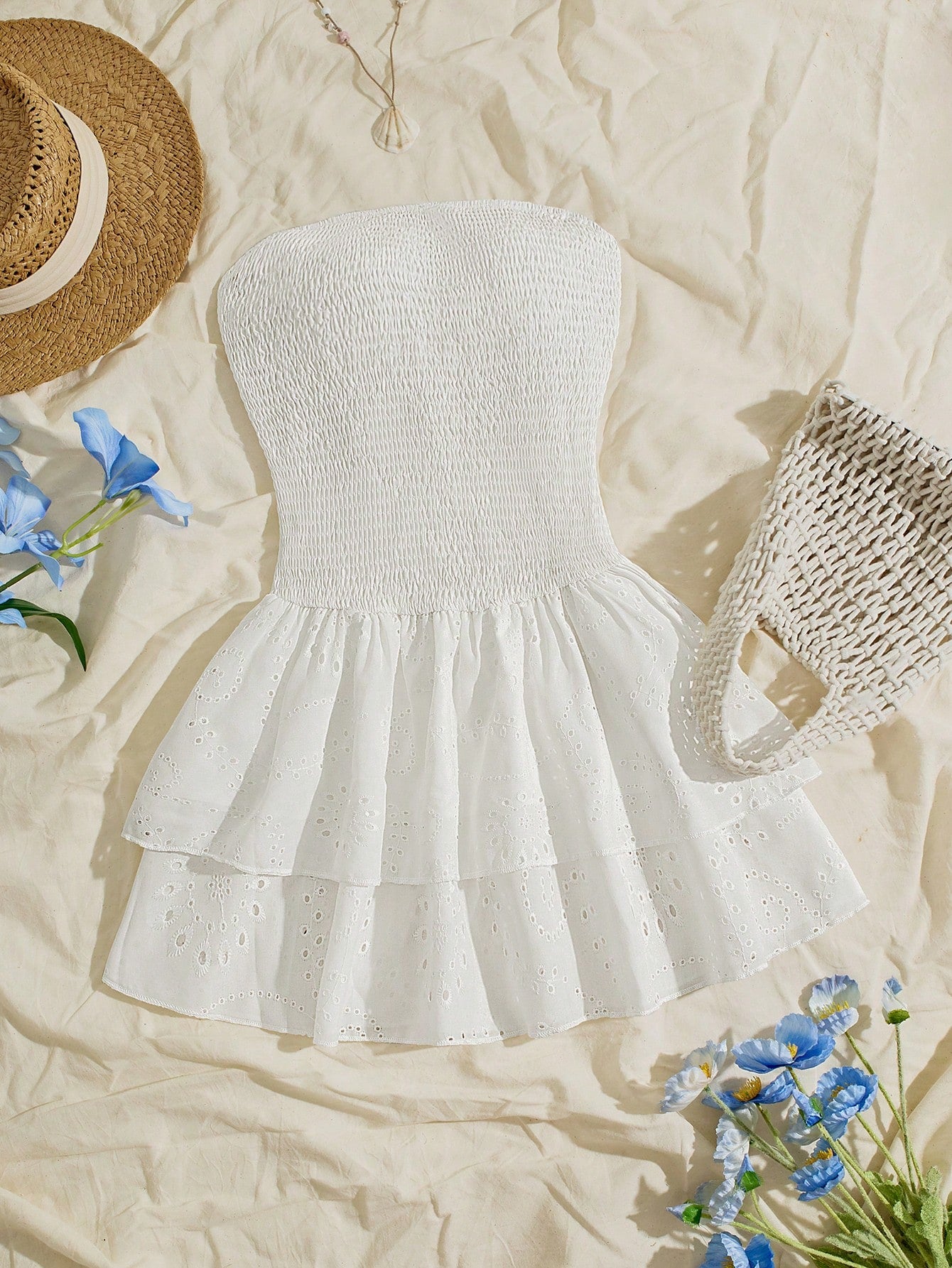 Unity Navy Blue Vacation Style Pleated Sleeveless Bandeau Sexy Cinched Waist Hollow Embroidery Ruffle Hem Elegant Dress