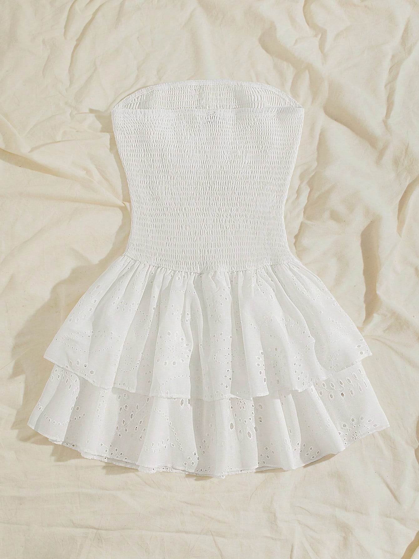 Unity Navy Blue Vacation Style Pleated Sleeveless Bandeau Sexy Cinched Waist Hollow Embroidery Ruffle Hem Elegant Dress