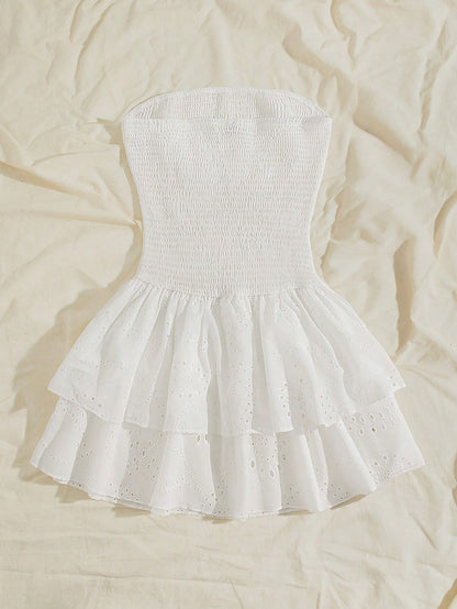 Unity Navy Blue Vacation Style Pleated Sleeveless Bandeau Sexy Cinched Waist Hollow Embroidery Ruffle Hem Elegant Dress