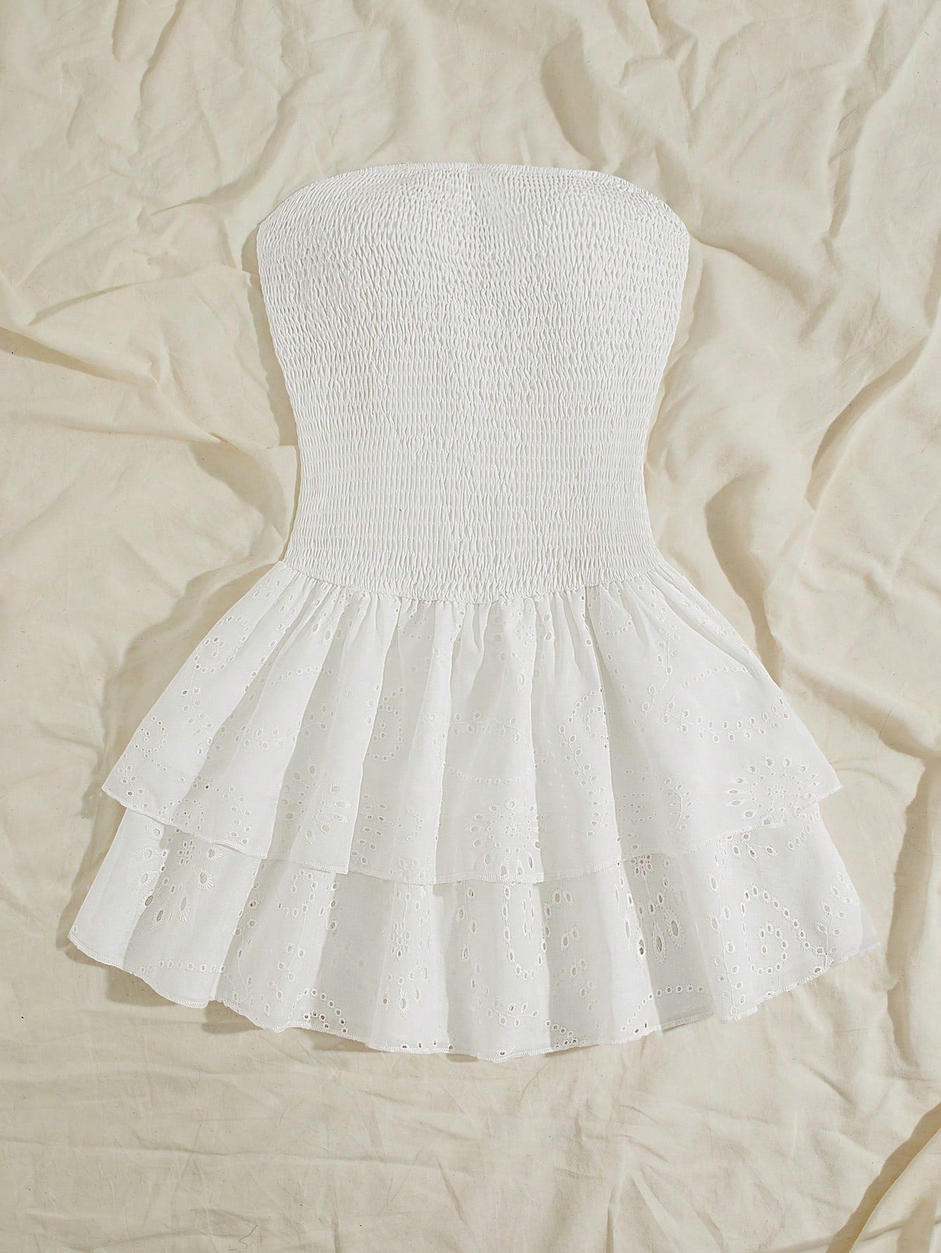 Unity Navy Blue Vacation Style Pleated Sleeveless Bandeau Sexy Cinched Waist Hollow Embroidery Ruffle Hem Elegant Dress
