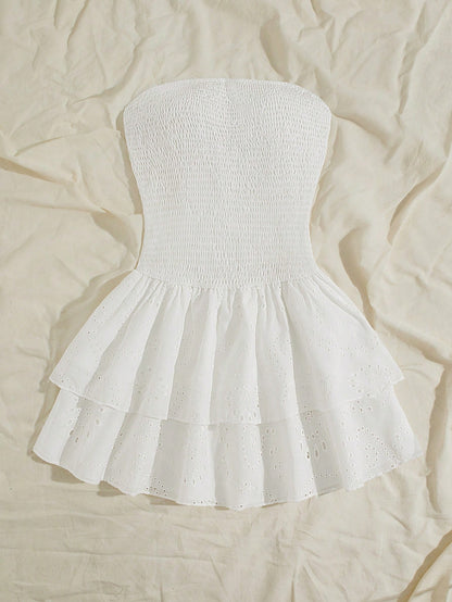 Unity Navy Blue Vacation Style Pleated Sleeveless Bandeau Sexy Cinched Waist Hollow Embroidery Ruffle Hem Elegant Dress