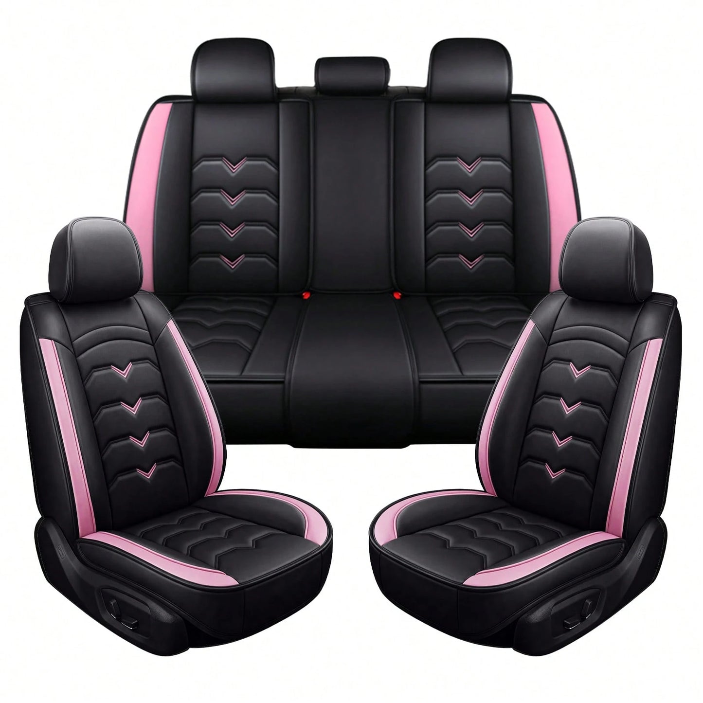 Universal 5-Seat PU Leather Car Seat Covers Black And Pink Full Set Waterproof Front & Rear Cushion Protectors, Airbag Compatible Car Interior Upgrade, Easy Installation And Easy To Clean Fit For Most