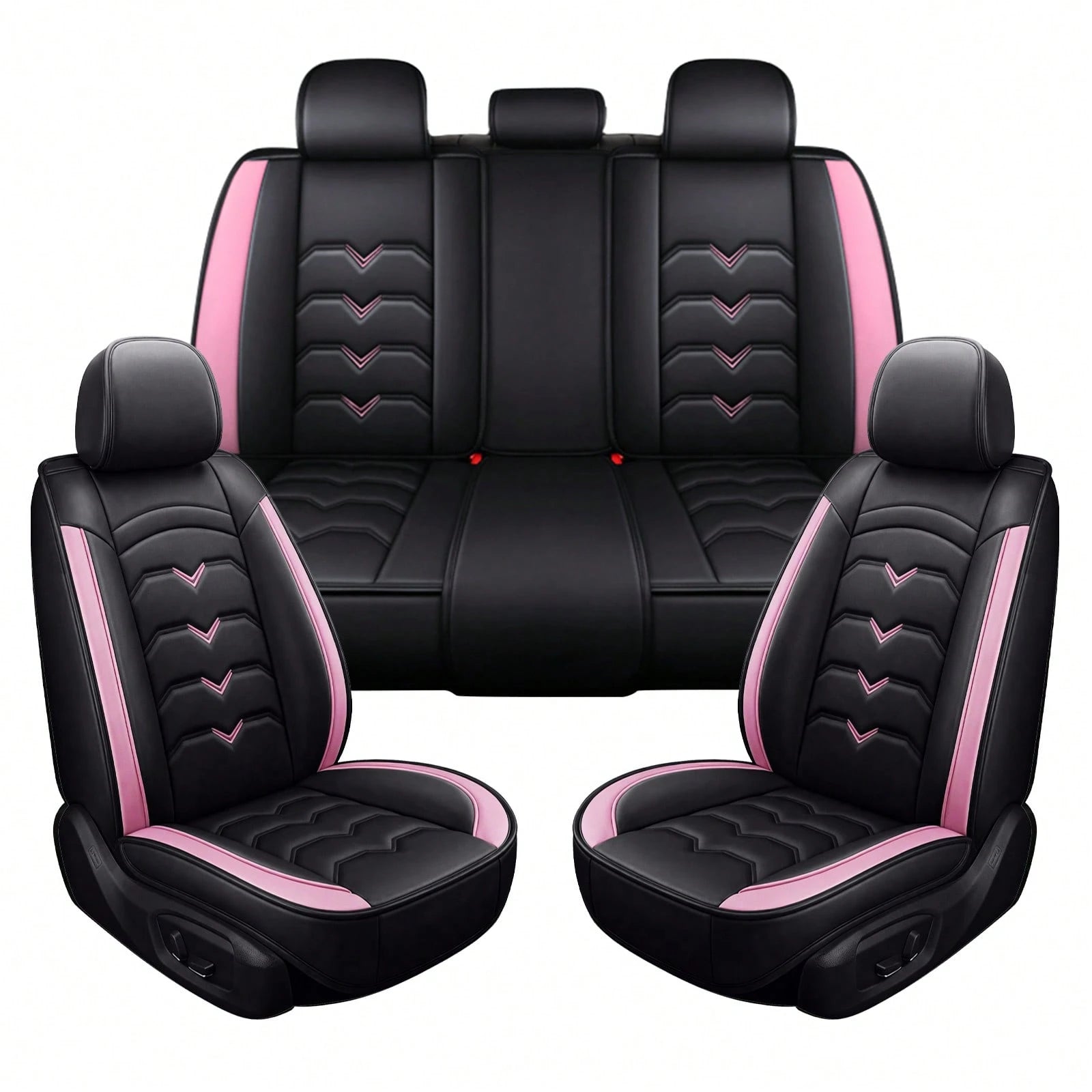 Universal 5-Seat PU Leather Car Seat Covers Black And Pink Full Set Waterproof Front & Rear Cushion Protectors, Airbag Compatible Car Interior Upgrade, Easy Installation And Easy To Clean Fit For Most