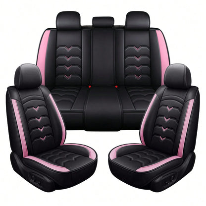 Universal 5-Seat PU Leather Car Seat Covers Black And Pink Full Set Waterproof Front & Rear Cushion Protectors, Airbag Compatible Car Interior Upgrade, Easy Installation And Easy To Clean Fit For Most