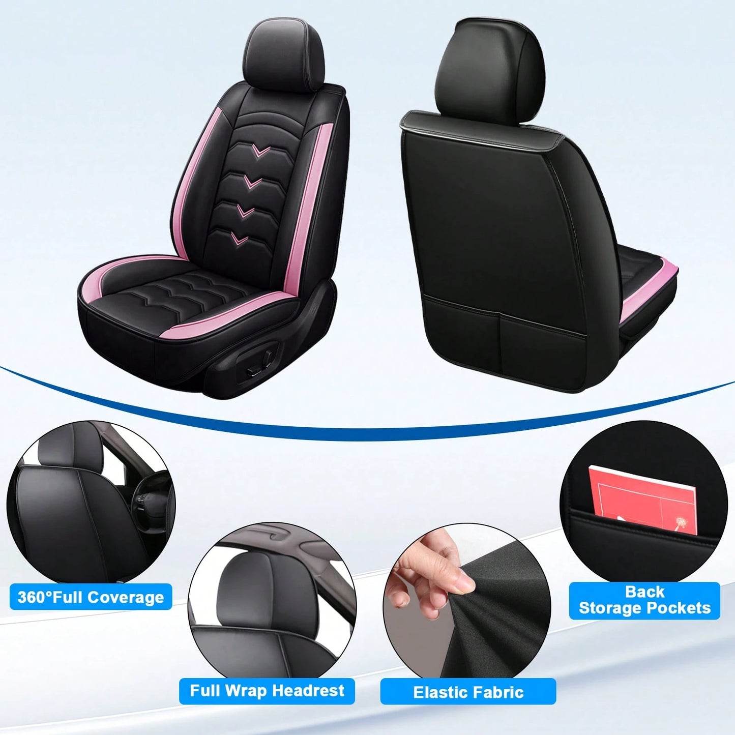 Universal 5-Seat PU Leather Car Seat Covers Black And Pink Full Set Waterproof Front & Rear Cushion Protectors, Airbag Compatible Car Interior Upgrade, Easy Installation And Easy To Clean Fit For Most