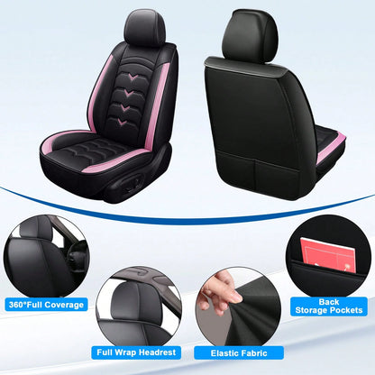 Universal 5-Seat PU Leather Car Seat Covers Black And Pink Full Set Waterproof Front & Rear Cushion Protectors, Airbag Compatible Car Interior Upgrade, Easy Installation And Easy To Clean Fit For Most