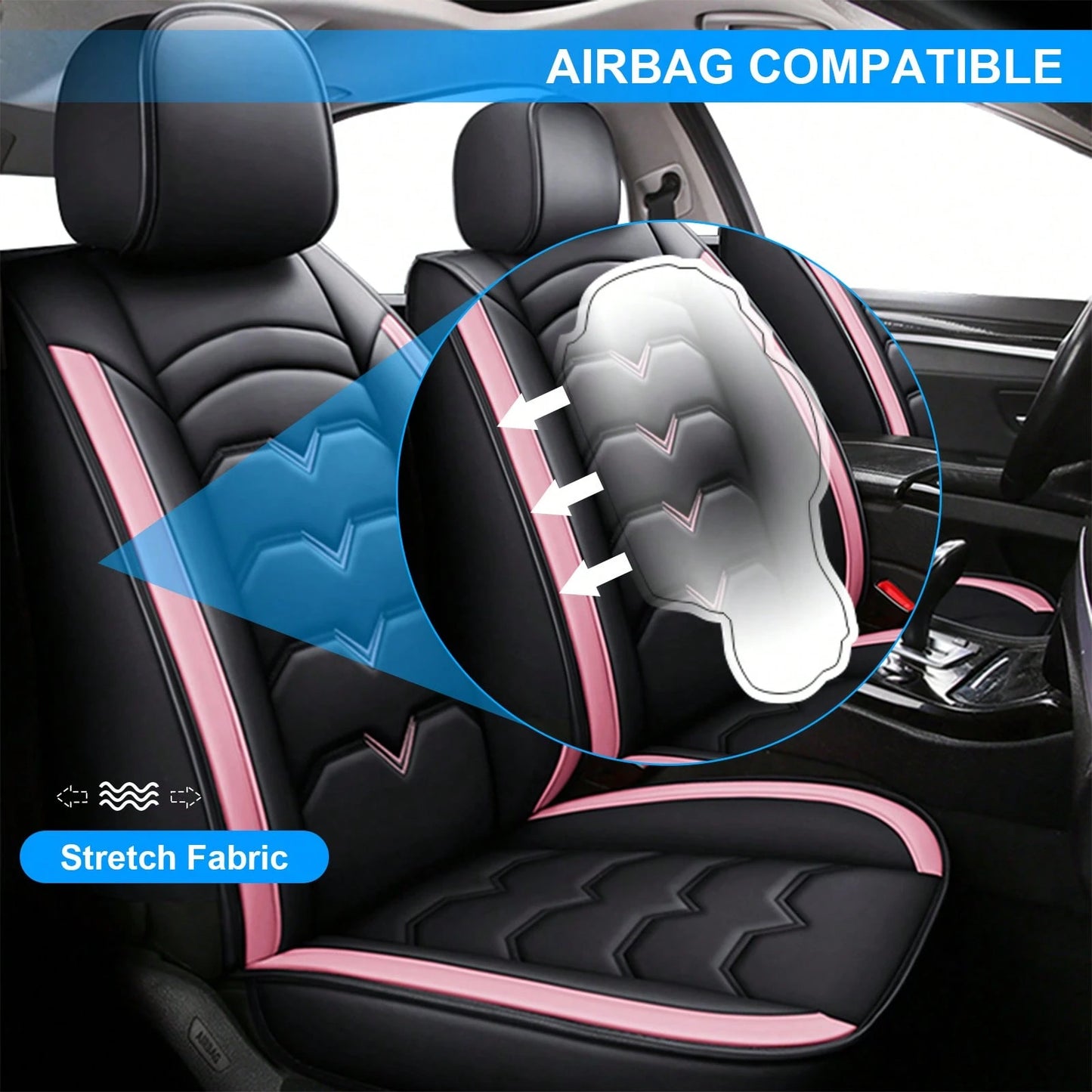 Universal 5-Seat PU Leather Car Seat Covers Black And Pink Full Set Waterproof Front & Rear Cushion Protectors, Airbag Compatible Car Interior Upgrade, Easy Installation And Easy To Clean Fit For Most