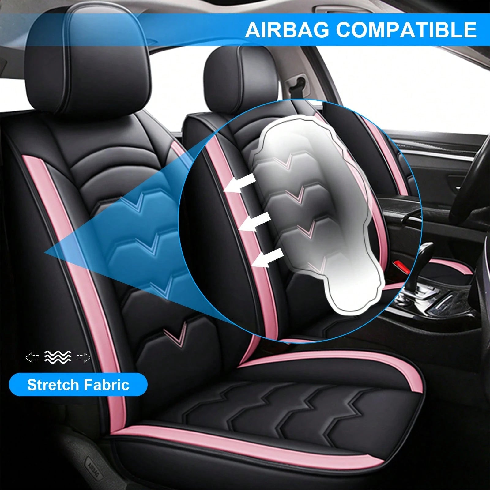 Universal 5-Seat PU Leather Car Seat Covers Black And Pink Full Set Waterproof Front & Rear Cushion Protectors, Airbag Compatible Car Interior Upgrade, Easy Installation And Easy To Clean Fit For Most