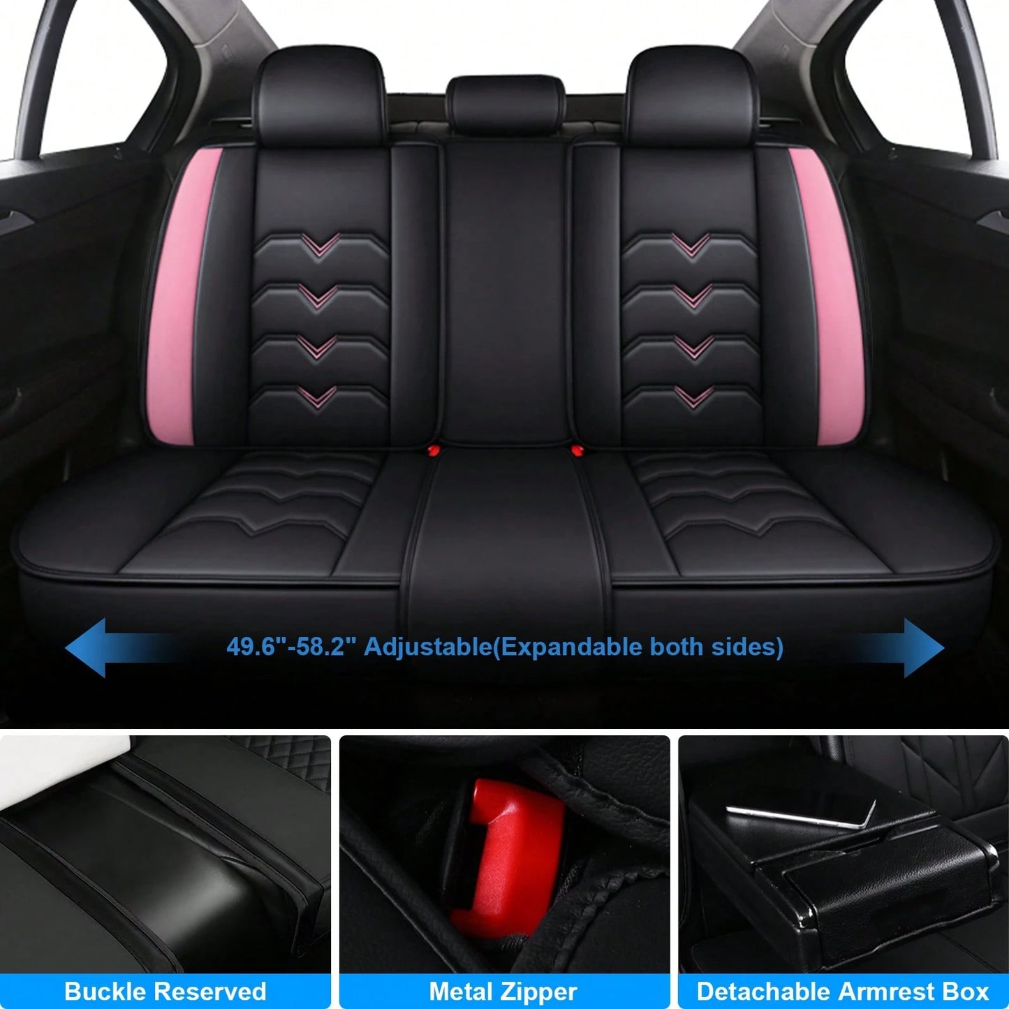 Universal 5-Seat PU Leather Car Seat Covers Black And Pink Full Set Waterproof Front & Rear Cushion Protectors, Airbag Compatible Car Interior Upgrade, Easy Installation And Easy To Clean Fit For Most