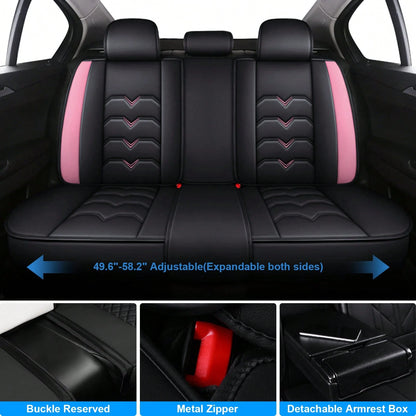 Universal 5-Seat PU Leather Car Seat Covers Black And Pink Full Set Waterproof Front & Rear Cushion Protectors, Airbag Compatible Car Interior Upgrade, Easy Installation And Easy To Clean Fit For Most