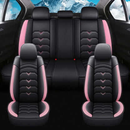 Universal 5-Seat PU Leather Car Seat Covers Black And Pink Full Set Waterproof Front & Rear Cushion Protectors, Airbag Compatible Car Interior Upgrade, Easy Installation And Easy To Clean Fit For Most