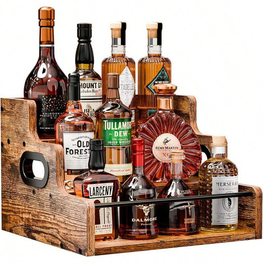 Upgraded 3-Tier Rustic Wood Wine Rack, Liquor Bottle Holder With Safety Rail & Handle, Countertop Storage Organizer For Home Bar & Kitchen