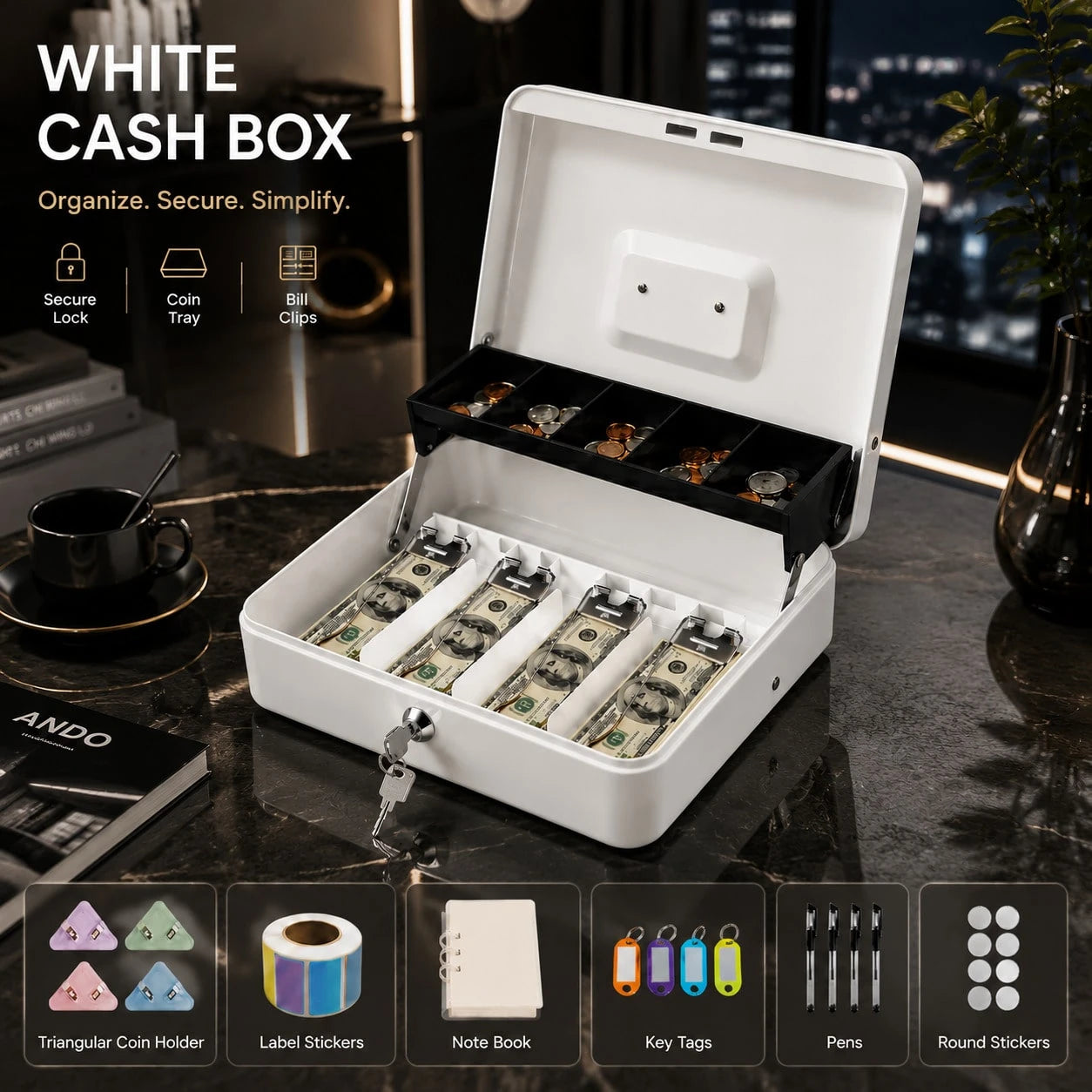 UPPVU-Anti-Theft Lockable Double-Layer Cash Box, Multi-Compartment Banknote And Coin Storage Box, Iron Cash Box For Stalls, Shops, And Home Use