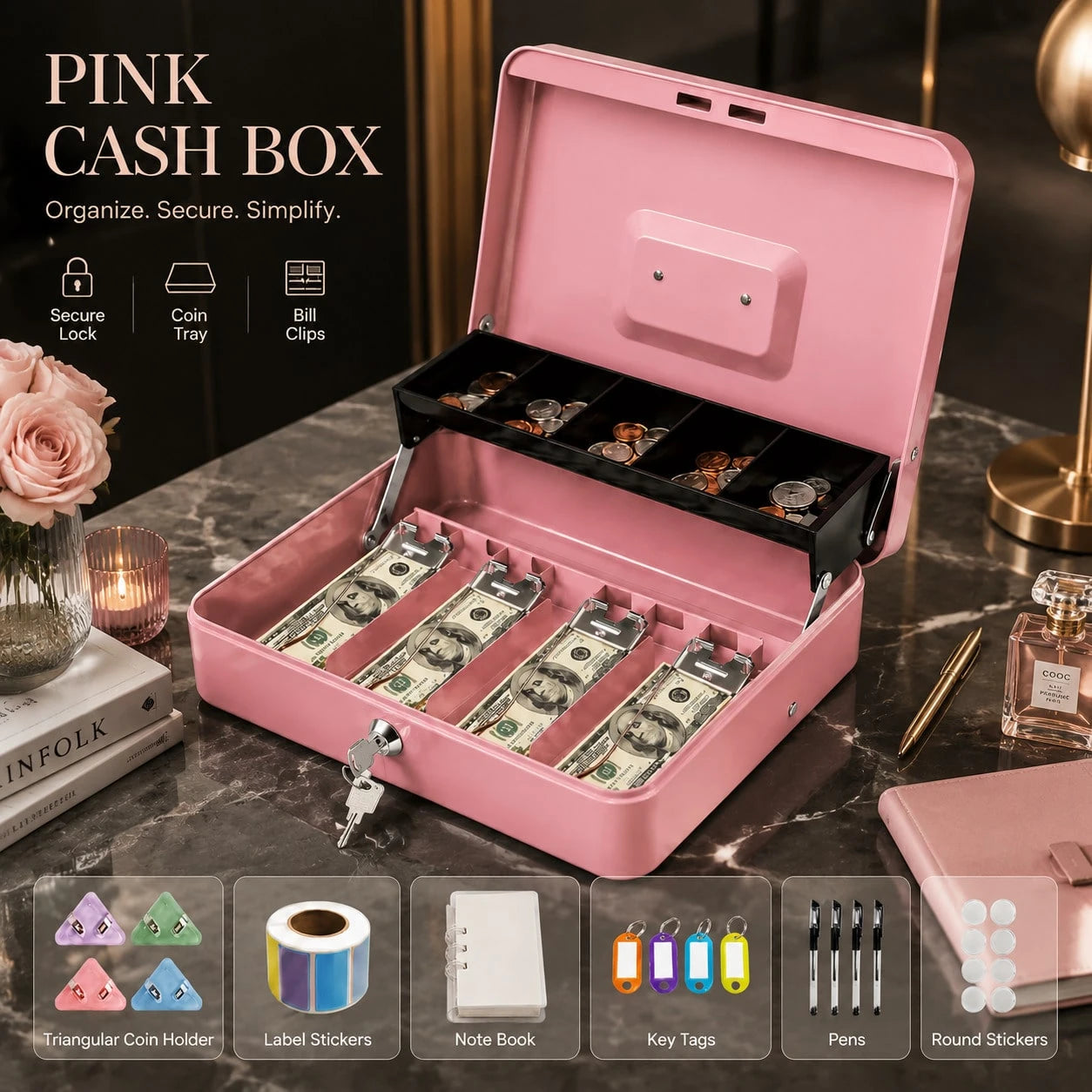 UPPVU-Anti-Theft Lockable Double-Layer Cash Box, Multi-Compartment Banknote And Coin Storage Box, Iron Cash Box For Stalls, Shops, And Home Use