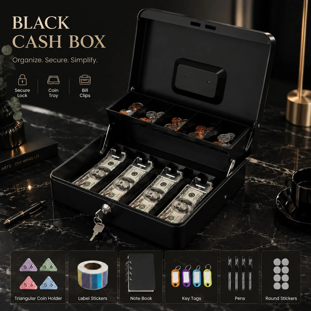 UPPVU-Anti-Theft Lockable Double-Layer Cash Box, Multi-Compartment Banknote And Coin Storage Box, Iron Cash Box For Stalls, Shops, And Home Use
