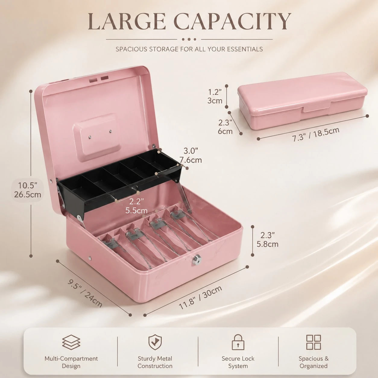 UPPVU-Anti-Theft Lockable Double-Layer Cash Box, Multi-Compartment Banknote And Coin Storage Box, Iron Cash Box For Stalls, Shops, And Home Use