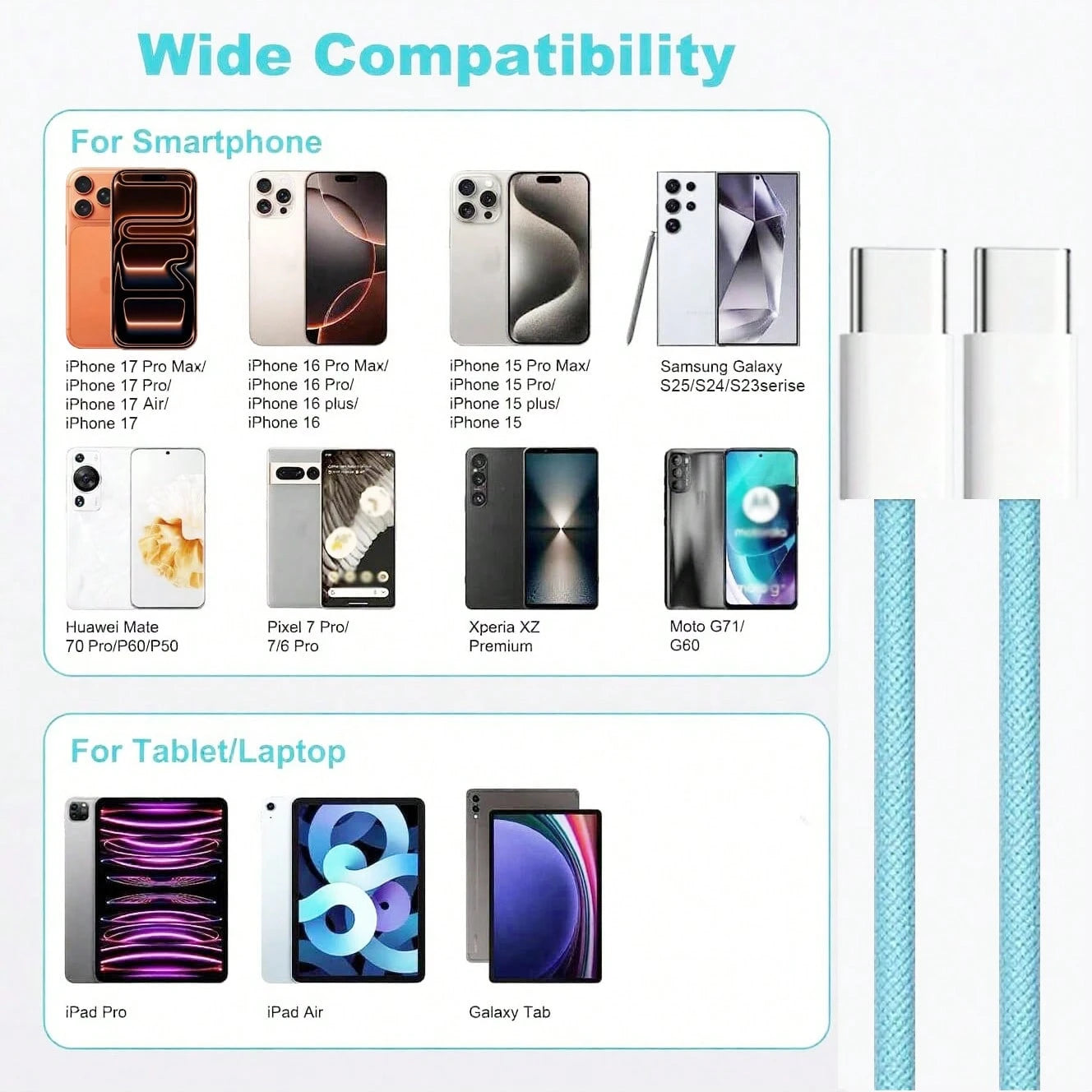 USB-C Fast Charging Cable Compatible With IPhone 17/16/15, USB-C To Type-C Charging & Data Cable (3.3/6.6/10ft Nylon Braided) For Indoor/Outdoor/Travel And Car Use, Fast Charging Compatible With Iphon