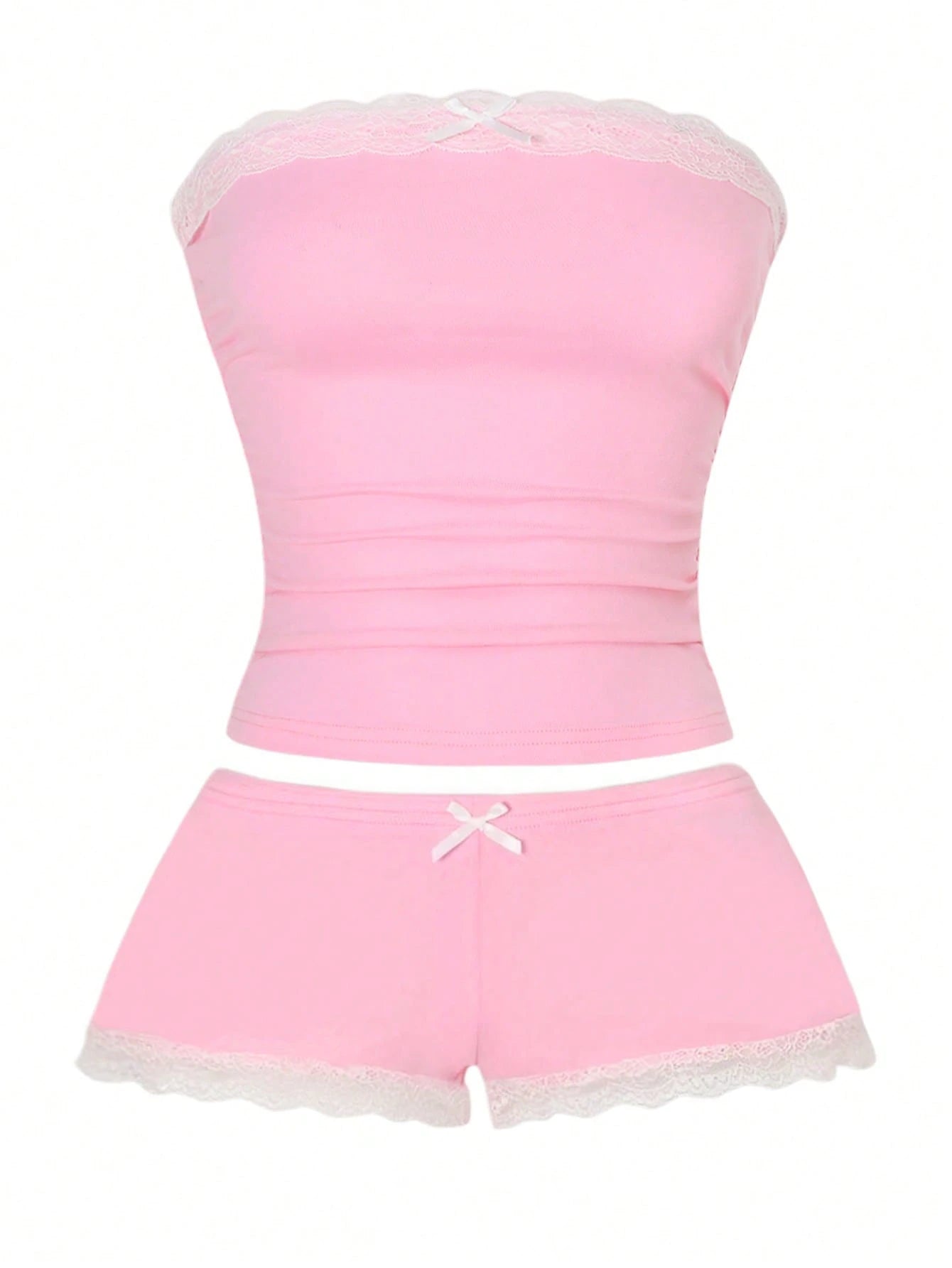 Vaclyn 2pcs/Set Pink Lace Patchwork Fitted Crop Top And Shorts