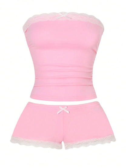 Vaclyn 2pcs/Set Pink Lace Patchwork Fitted Crop Top And Shorts