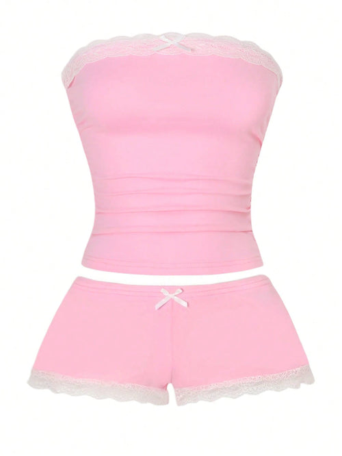 Vaclyn 2pcs/Set Pink Lace Patchwork Fitted Crop Top And Shorts