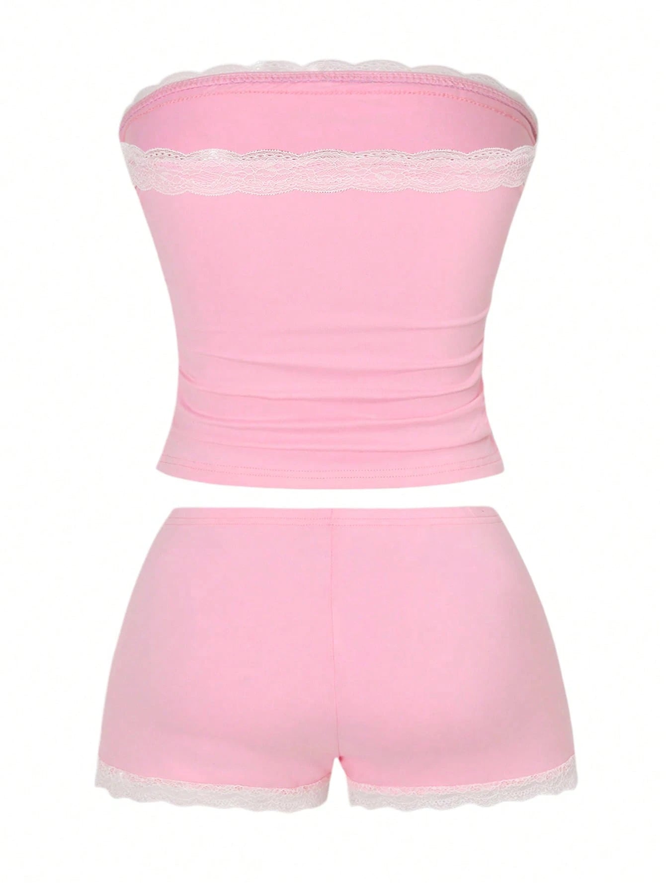 Vaclyn 2pcs/Set Pink Lace Patchwork Fitted Crop Top And Shorts