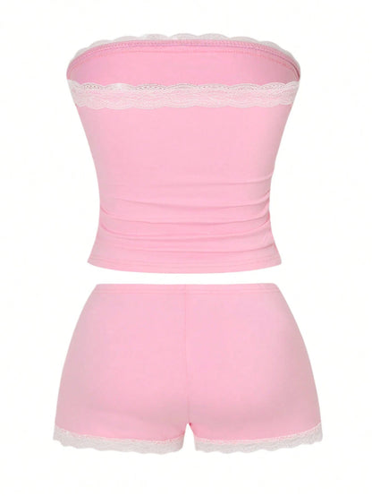 Vaclyn 2pcs/Set Pink Lace Patchwork Fitted Crop Top And Shorts