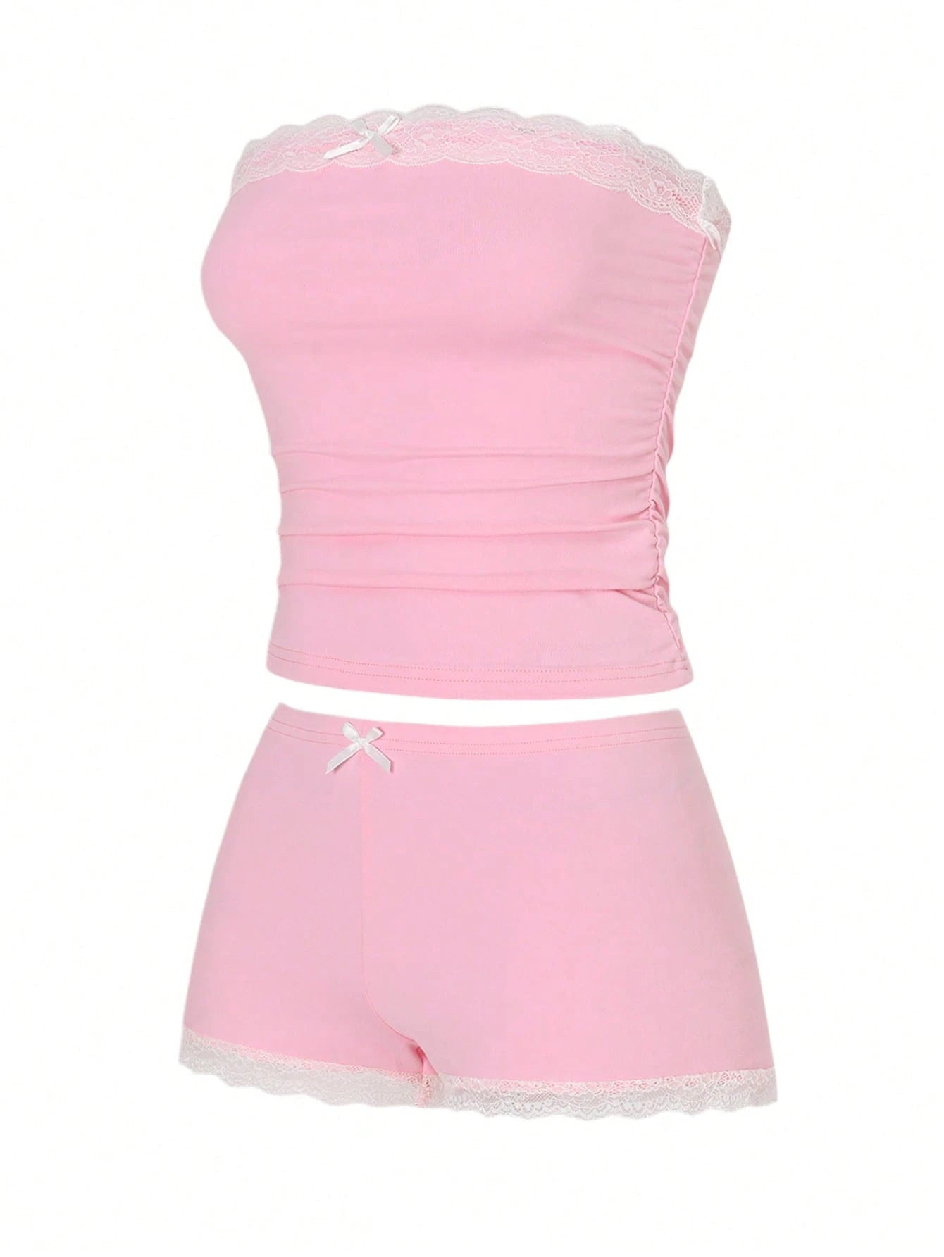Vaclyn 2pcs/Set Pink Lace Patchwork Fitted Crop Top And Shorts
